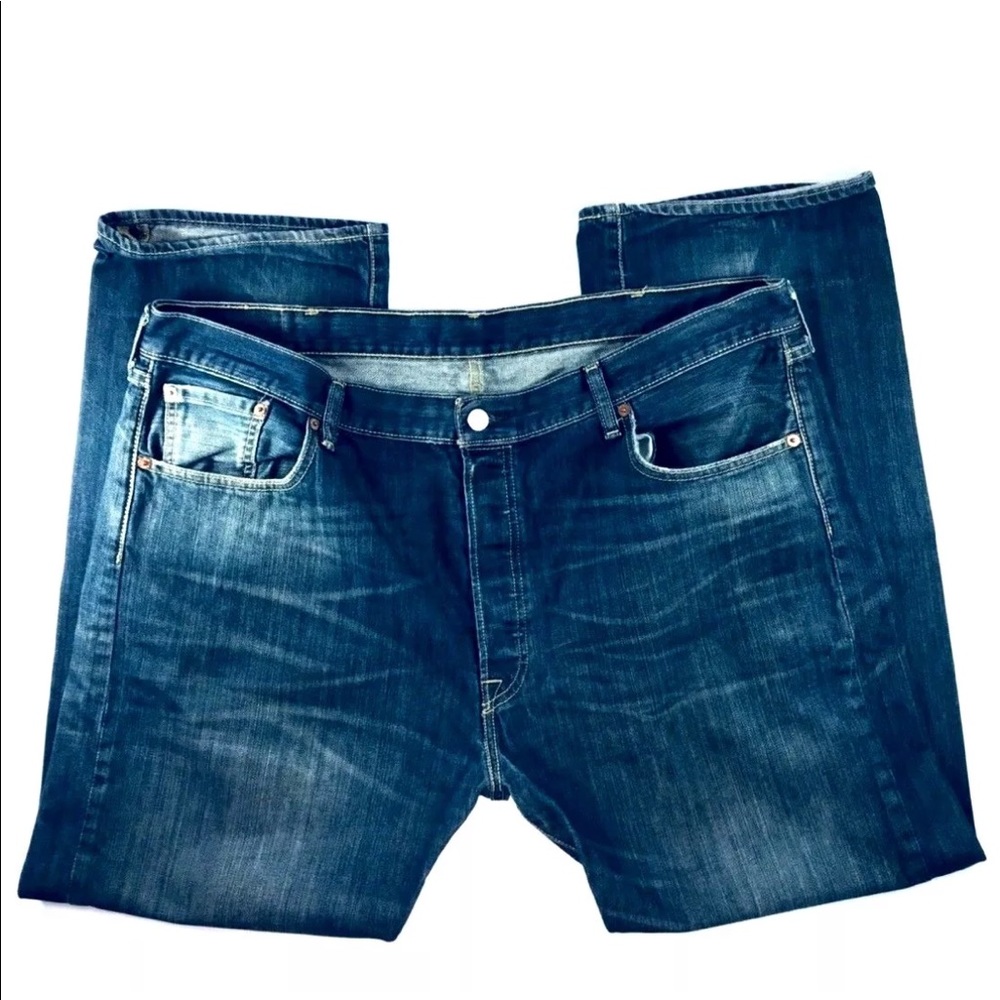 Levi’s 501 Button Fly Distressed Dark Wash Jeans
